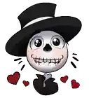 a skeleton wearing a top hat and surrounded by red hearts