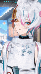 a close up of a person with white hair and blue and pink highlights