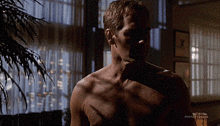 a man without a shirt is standing in front of a window with a watermark that says mardi gras on it