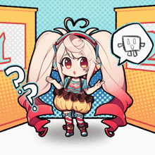 a cartoon drawing of a girl with headphones and a question mark above her