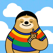 a cartoon sloth wearing a rainbow shirt is holding a drink