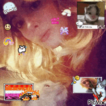 a girl 's face is surrounded by a bunch of stickers including one that says jin love