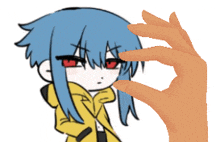 a hand is reaching out towards a cartoon character with blue hair and red eyes
