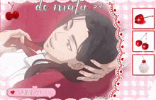 a cartoon of a man laying on a bed with cherries and a cupcake in the background .