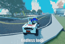 a cartoon character is driving down a street with the words endless loop above it