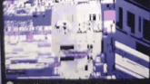 a blurry picture of a building with a purple and white background