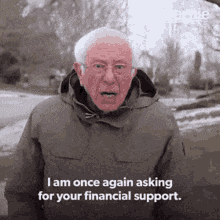 a man in a hooded jacket says i am once again asking for your financial support .