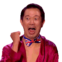 a man wearing a british flag bow tie and a pink robe