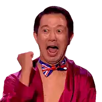 a man wearing a british flag bow tie and a pink robe