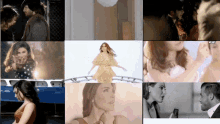 a collage of images includes a woman in a gold dress and a man in a suit