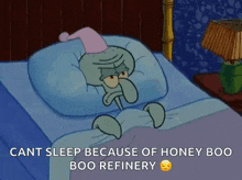 squidward from spongebob squarepants is laying in a bed wearing a nightcap .