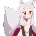 a fox girl with white hair and red eyes is wearing a white dress .
