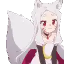 a fox girl with white hair and red eyes is wearing a white dress .