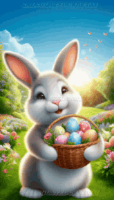 an easter bunny is holding a basket full of eggs