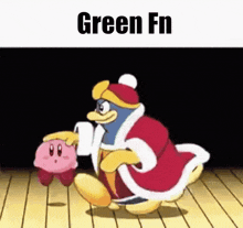 a cartoon of a penguin holding a pink kirby with the words green fn above him