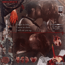 a couple kissing with the words vampires will never hurt you on the top