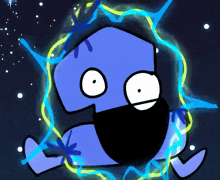 a blue cartoon character with a beard is surrounded by blue and yellow lightning