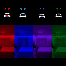 a collage of four pictures of a bedroom with different colored lights on the walls .