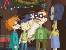 a group of cartoon characters are standing next to each other in front of a christmas tree