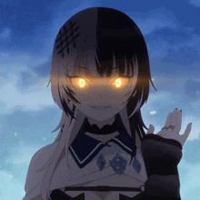 a girl with half black and half white hair has bright orange eyes
