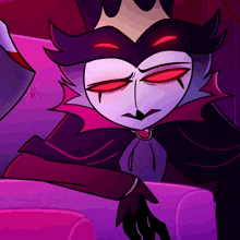 a cartoon character with red eyes and a crown is sitting on a couch with his eyes closed .