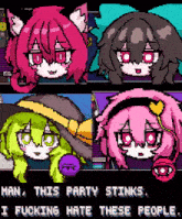 a pixel art of a girl saying " man this party stinks "