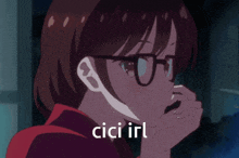 a girl with glasses is holding something in her hand and the words cici irl are above her