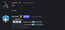 a screenshot of a discord conversation between two people named xzgans and owo
