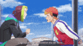 two anime characters are talking to each other with the words logo quando eu encontrei ela de novo