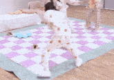 a woman is kneeling on a purple and white checkered mat .