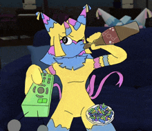a cartoon character drinking a bottle of pop and holding a remote control