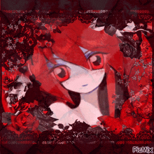a picture of a girl with red hair is surrounded by roses and a skull