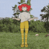 a girl with red hair and yellow shorts stands in a grassy field