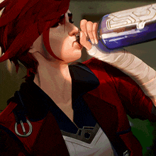 a woman with red hair is drinking from a bottle with the letter s on it