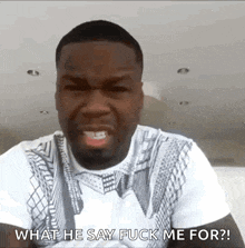 a man in a white shirt is asking what he says fuck me for