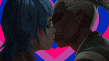 a man and a woman are kissing in front of a pink heart