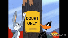 bugs bunny and daffy duck are standing next to a tree holding a sign that says court only