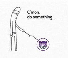 a drawing of a man holding a leash with the sacramento kings logo on it