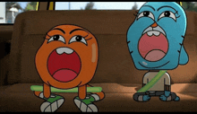 two cartoon characters sitting in the back seat of a car with their mouths open