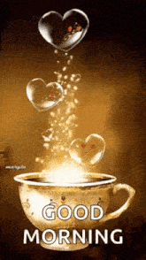 a cup of coffee with hearts pouring out of it and the words good morning