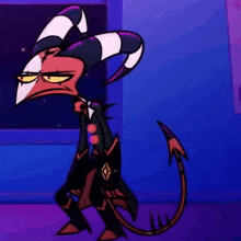 a cartoon character with horns and a tail is standing in front of a window in a room .