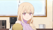 a girl with blonde hair and red eyes is holding a potato in her hand