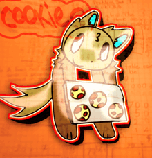 a cartoon drawing of a cat holding a box of cookies with the word cookie behind it
