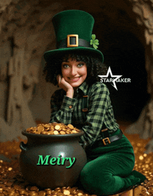 a woman in a leprechaun costume kneeling next to a pot of gold with the name merry on it
