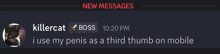 a screenshot of a new message from killercat boss
