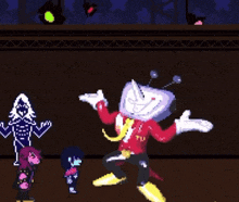 a pixel art of a robot standing next to a skeleton and a girl in a video game .