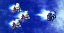 a group of robots are flying in the sky and one is shooting a beam of light