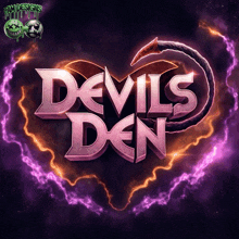 a logo for devils den with a heart surrounded by fire