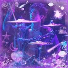 a picture of a man playing drums with a picture of a rocket and planets in the background