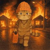 a cartoon cat is walking down a street holding a gas can that says ' shelter ' on it